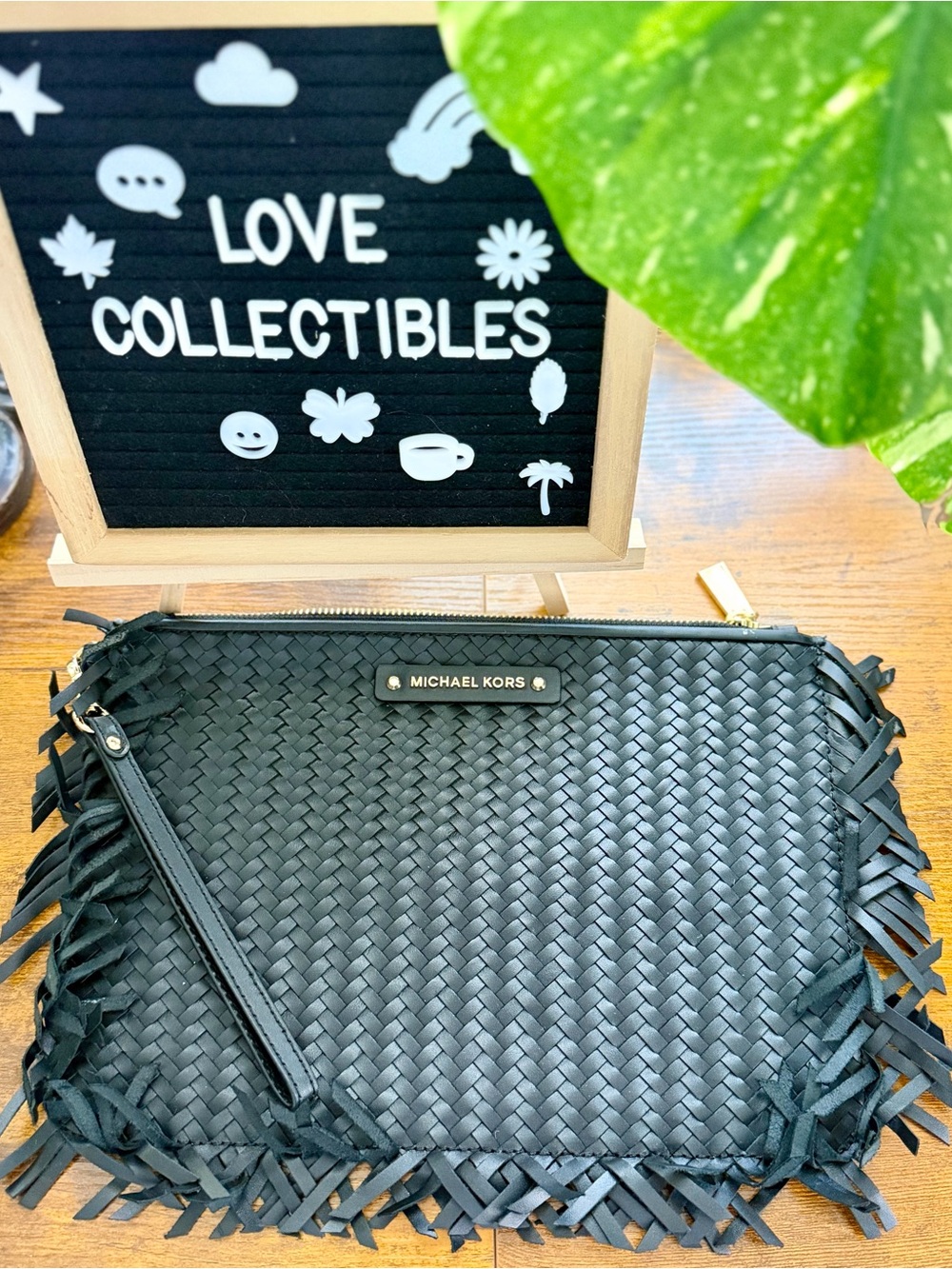 Michael Kors Black Woven Fringe Clutch with Logo Plaque